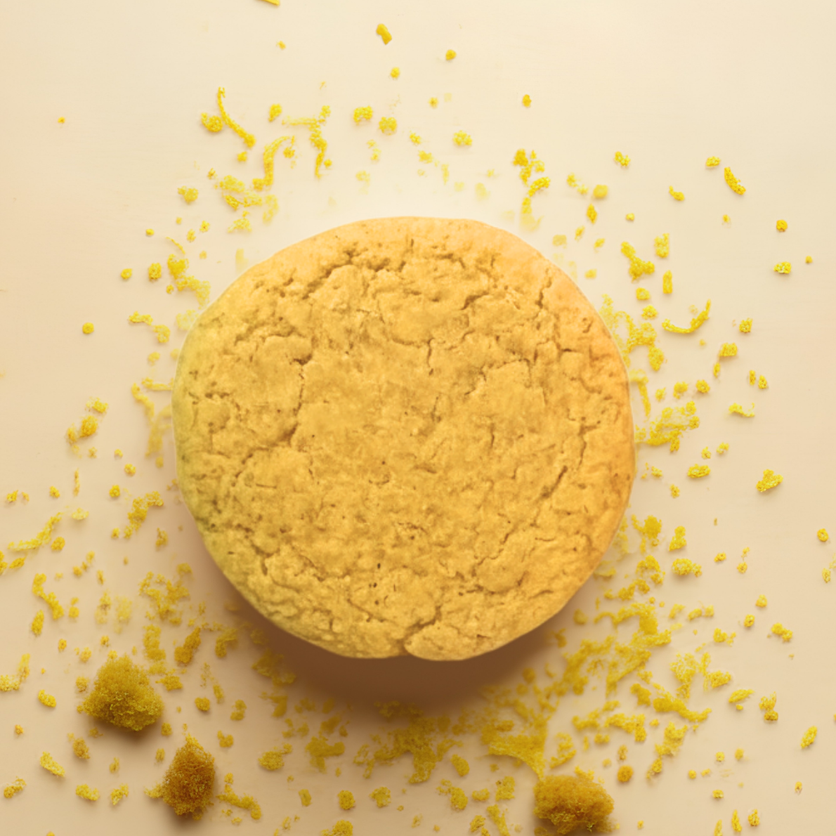 Round yellow cookie with lemon zest on a beige background